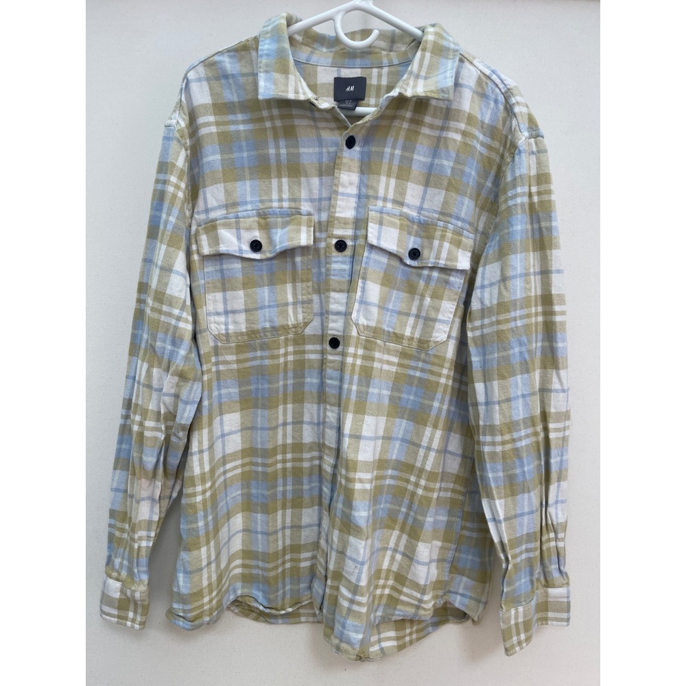 HM Mens Flannel Shirt XL Plaid Button Down Long Sleeve Green Blue White Pocket